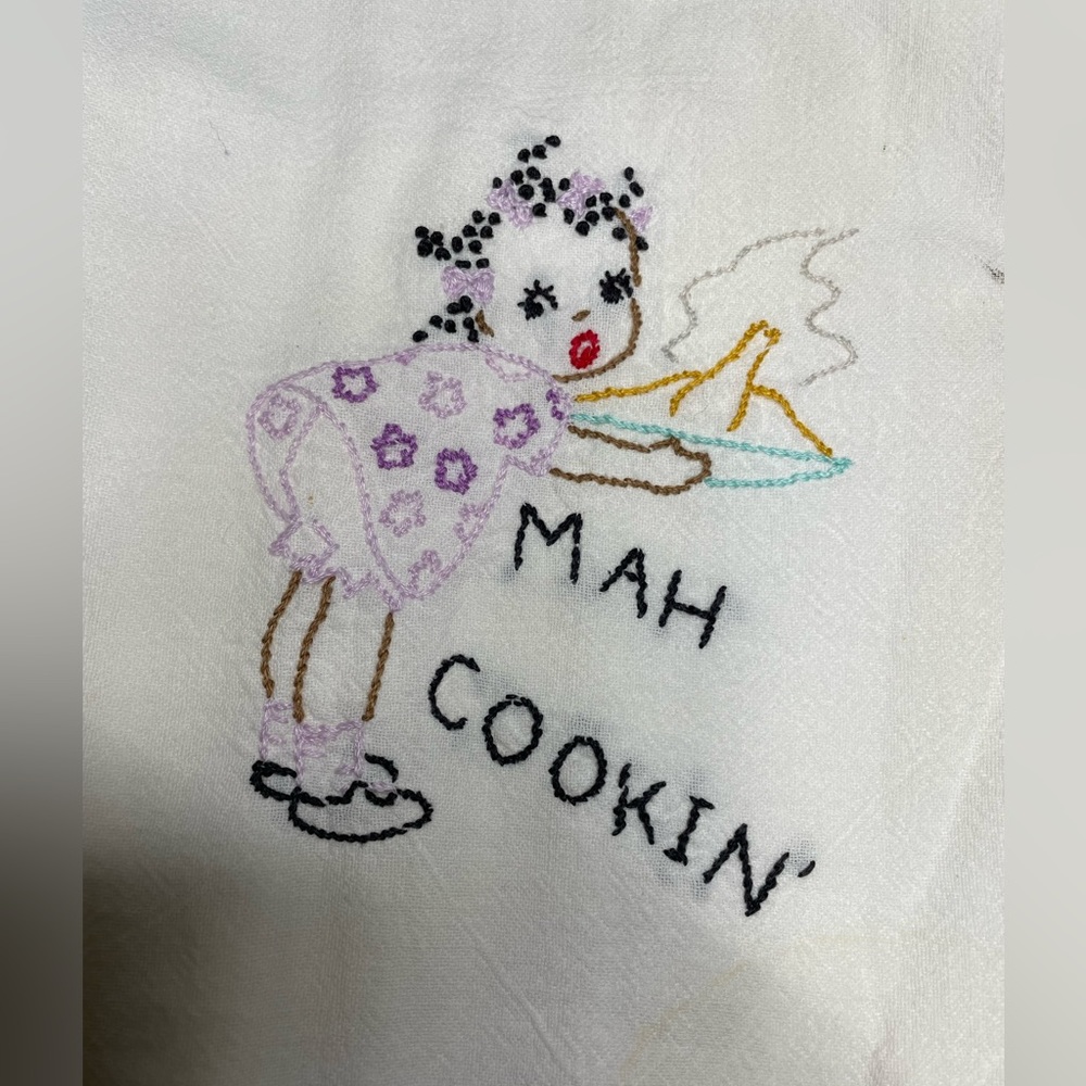 Kitsch Girl Embroidered Vintage Flour Sack Baking Towel 36x24” Wh Stitching